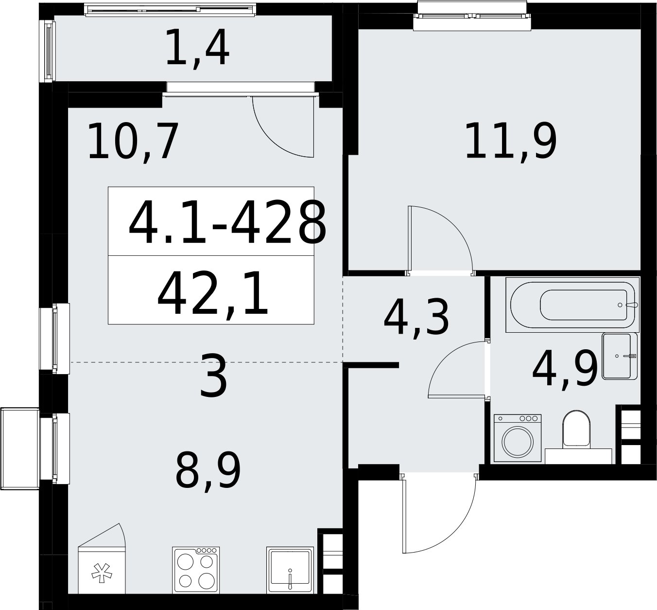 2-комнатная квартира (евро) с полной отделкой, 42.1 м2, 4 этаж, сдача 2 квартал 2027 г., ЖК Южные сады, корпус 4.1.2 - объявление 2392934 - фото №1