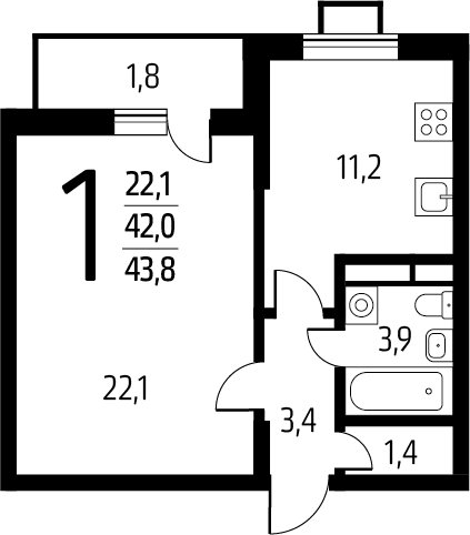 1-комнатная квартира с полной отделкой, 43.8 м2, 6 этаж, сдача 1 квартал 2025 г., ЖК Новые Ватутинки. Заречный, корпус 5/2 - объявление 2386263 - фото №1