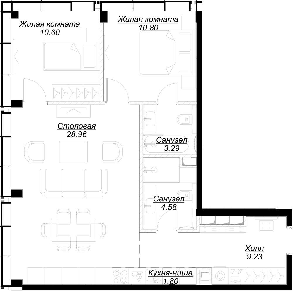 2-комнатная квартира с частичной отделкой, 69.26 м2, 52 этаж, сдача 4 квартал 2024 г., ЖК MOD, корпус Mann - объявление 2332080 - фото №1