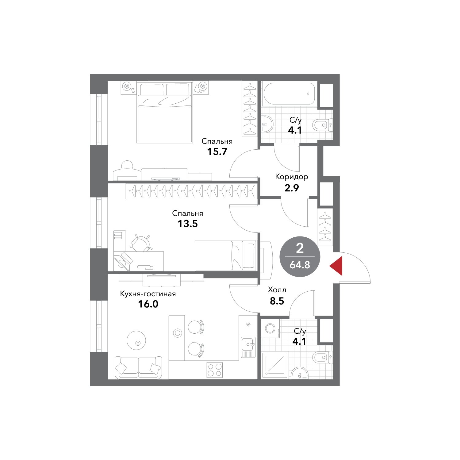 2-комнатные апартаменты без отделки, 64.8 м2, 12 этаж, сдача 3 квартал 2025 г., ЖК VOXHALL, корпус 4 - объявление 1981776 - фото №1