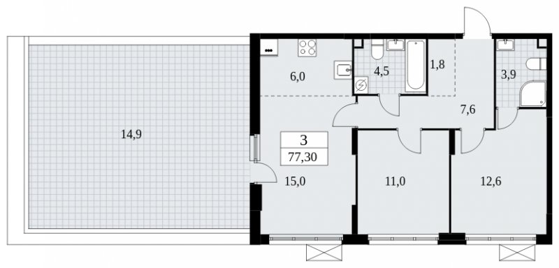 3-комнатная квартира (евро) без отделки, 77.3 м2, 2 этаж, сдача 4 квартал 2024 г., ЖК Скандинавия, корпус 35.2.3 - объявление 1841204 - фото №1