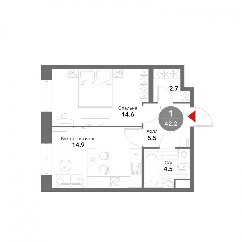 1-комнатные апартаменты без отделки, 42.2 м2, 15 этаж, сдача 3 квартал 2025 г., ЖК VOXHALL, корпус 4 - объявление 1795394 - фото №1