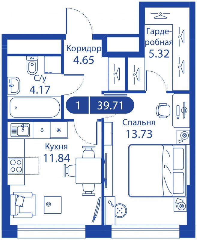 1-комнатная квартира без отделки, 27.45 м2, 4 этаж, сдача 4 квартал 2023 г., ЖК iLove, корпус 3 - объявление 1774048 - фото №1