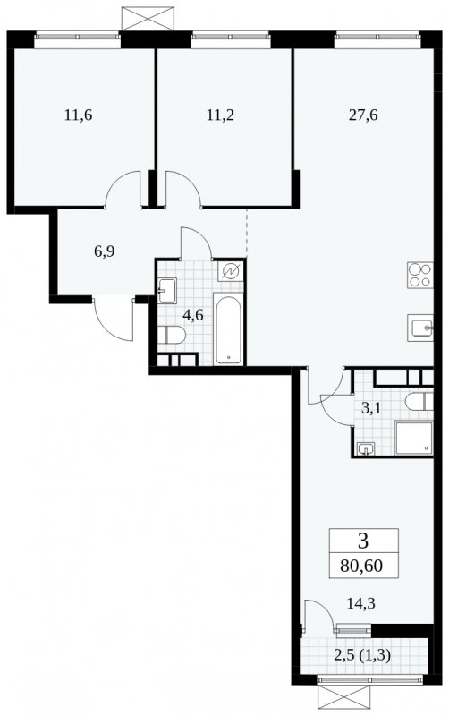 3-комнатная квартира без отделки, 80.6 м2, 10 этаж, сдача 1 квартал 2025 г., ЖК Прокшино, корпус 5.2.3 - объявление 1751333 - фото №1