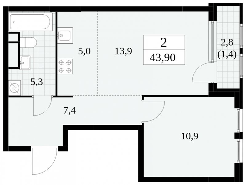 2-комнатная квартира (евро) без отделки, 43.9 м2, 10 этаж, сдача 2 квартал 2025 г., ЖК Южные сады, корпус 2.4 - объявление 1760312 - фото №1