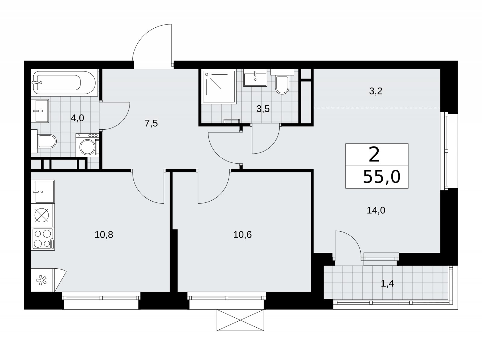 2-комнатная квартира без отделки, 55 м2, 6 этаж, сдача 2 квартал 2026 г., ЖК Скандинавия, корпус 25.4 - объявление 2284202 - фото №1