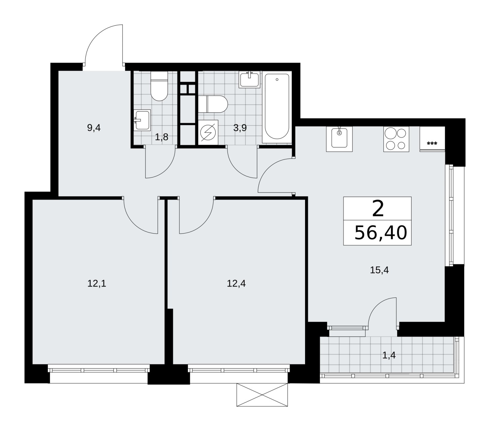 2-комнатная квартира с частичной отделкой, 56.4 м2, 7 этаж, сдача 4 квартал 2025 г., ЖК Бунинские кварталы, корпус 3.4 - объявление 2152099 - фото №1
