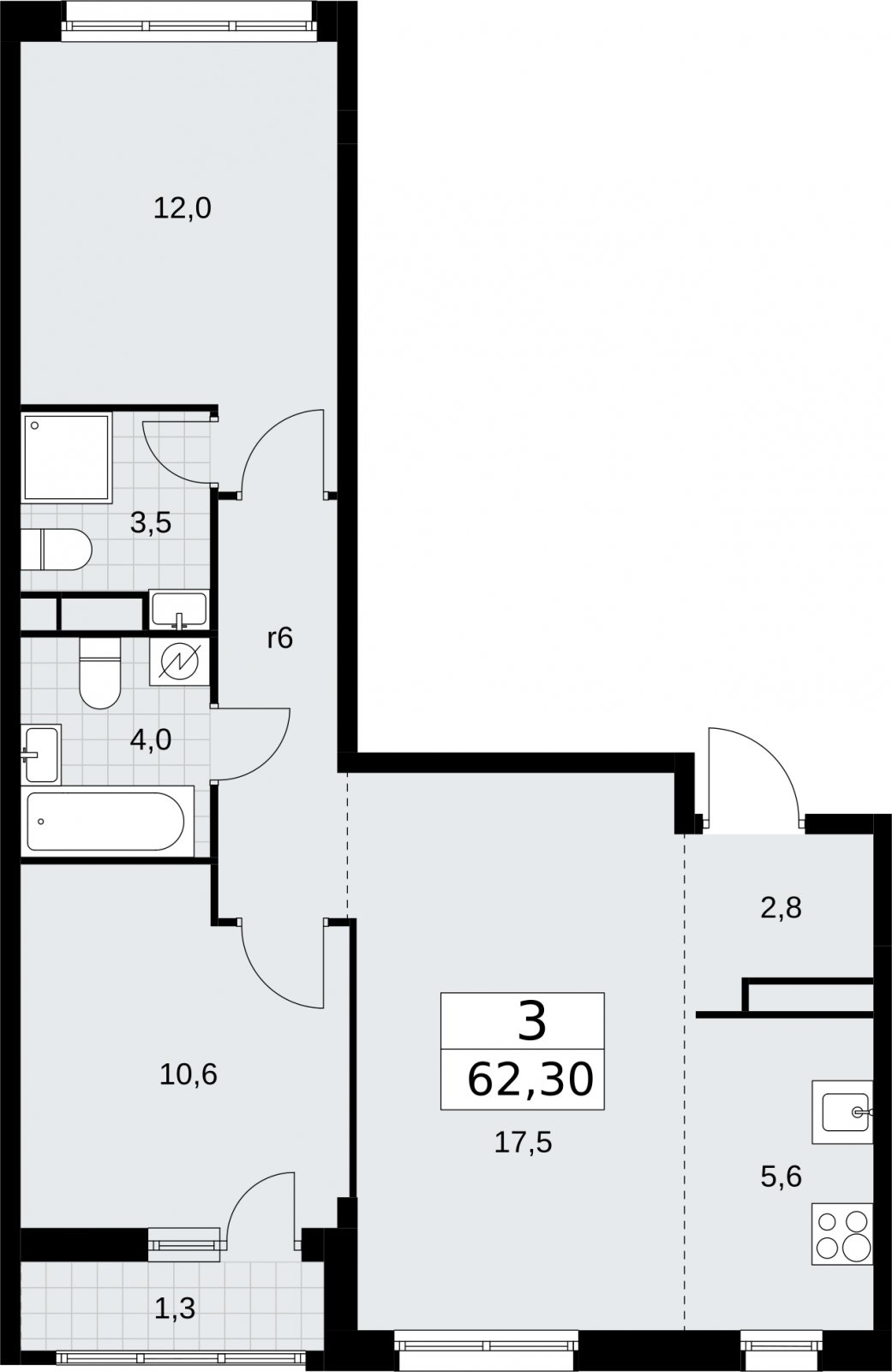 3-комнатная квартира (евро) с полной отделкой, 62.3 м2, 5 этаж, сдача 4 квартал 2026 г., ЖК Родные кварталы, корпус 1.2 - объявление 2317994 - фото №1