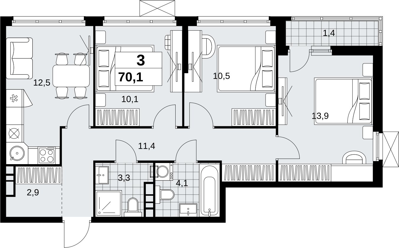 3-комнатная квартира с полной отделкой, 70.1 м2, 4 этаж, сдача 1 квартал 2027 г., ЖК Скандинавия, корпус 2.18.2.2 - объявление 2351253 - фото №1