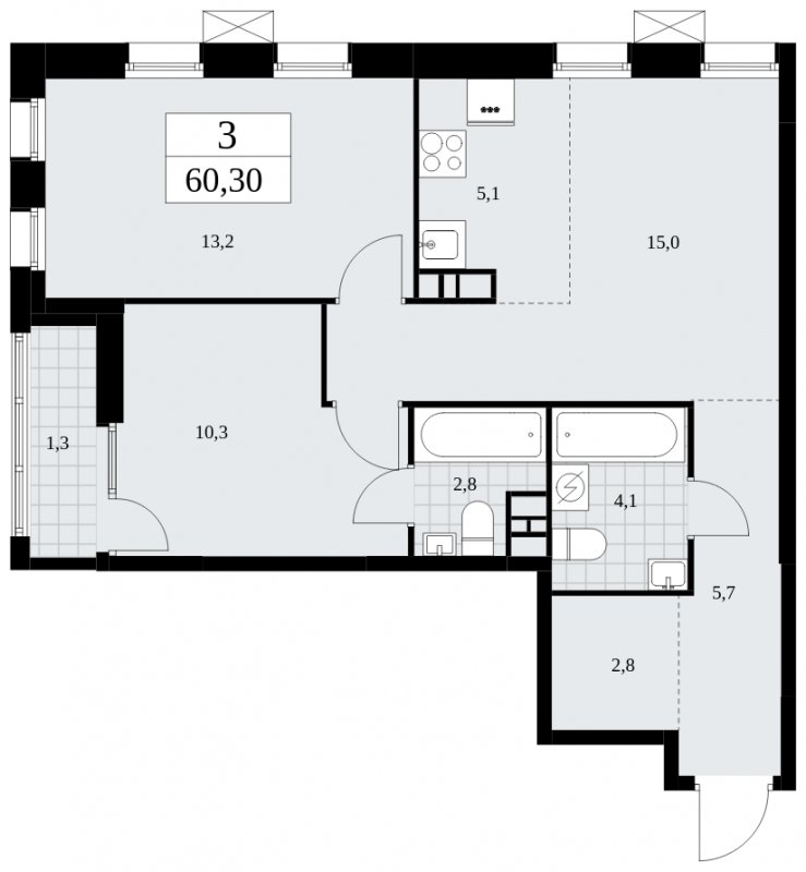 3-комнатная квартира (евро) без отделки, 60.3 м2, 7 этаж, сдача 2 квартал 2025 г., ЖК Дзен-кварталы, корпус 2.3 - объявление 1932556 - фото №1