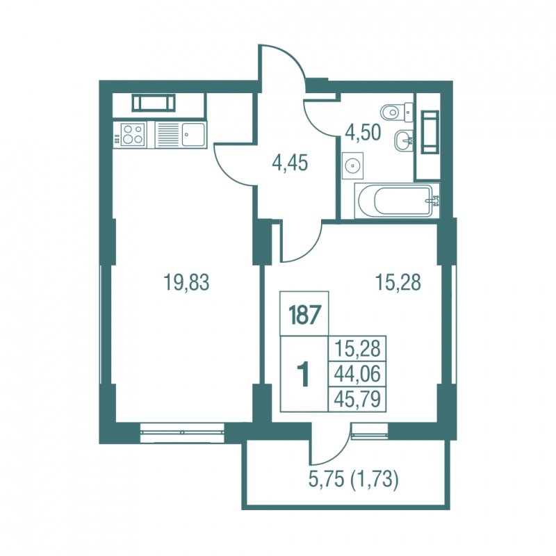 1-комнатная квартира без отделки, 45.79 м2, 22 этаж, дом сдан, ЖК Жилой микрорайон Одинбург, корпус 31 - объявление 1290308 - фото №1