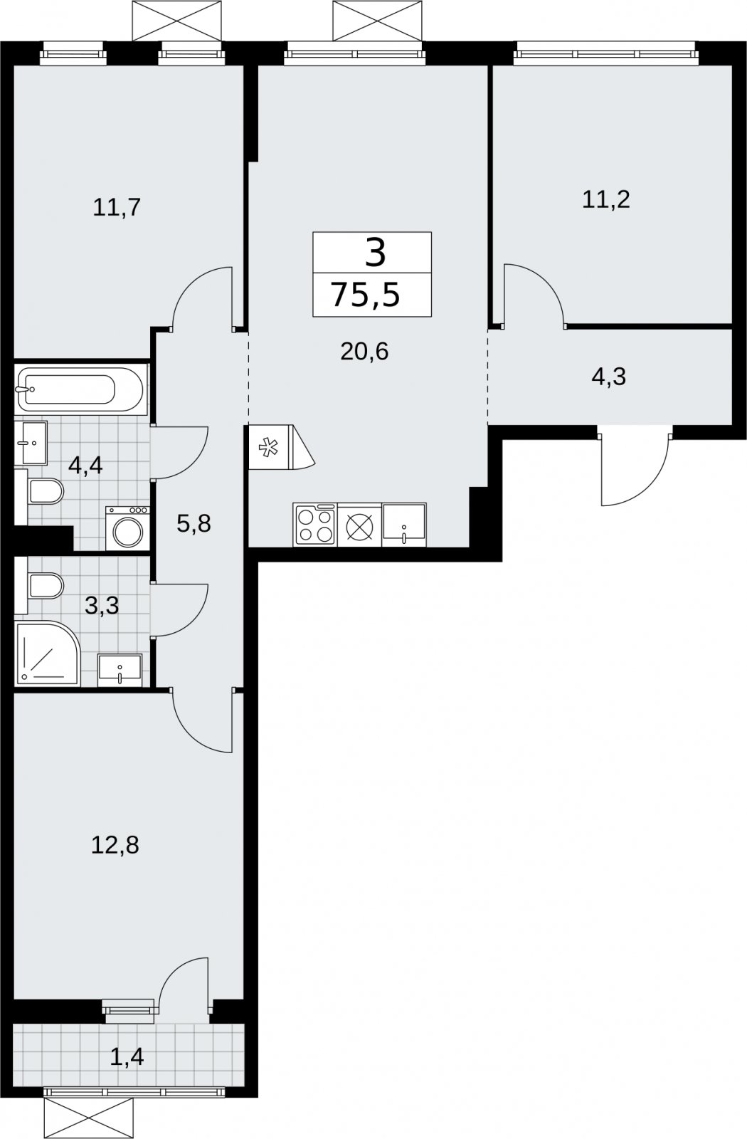 3-комнатная квартира без отделки, 75.5 м2, 7 этаж, сдача 2 квартал 2026 г., ЖК Бунинские кварталы, корпус 7.3 - объявление 2314009 - фото №1