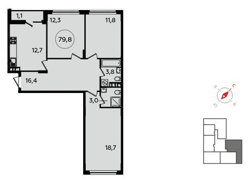 3-комнатная квартира с полной отделкой, 79.8 м2, 8 этаж, сдача 2 квартал 2022 г., ЖК Скандинавия, корпус 13.3 - объявление 1412450 - фото №1