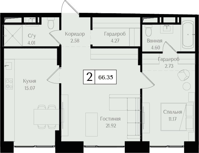 2-комнатная квартира без отделки, 66.35 м2, 3 этаж, дом сдан, ЖК Преображенская площадь, корпус 2 - объявление 2424365 - фото №1