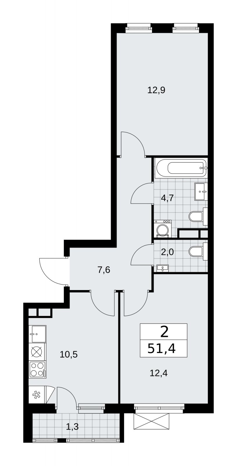 2-комнатная квартира без отделки, 51.4 м2, 4 этаж, сдача 4 квартал 2025 г., ЖК Прокшино, корпус 11.1.4 - объявление 2257722 - фото №1