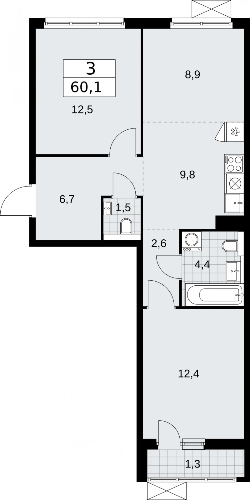 3-комнатная квартира (евро) без отделки, 60.1 м2, 4 этаж, сдача 2 квартал 2026 г., ЖК Бунинские кварталы, корпус 7.3 - объявление 2313944 - фото №1