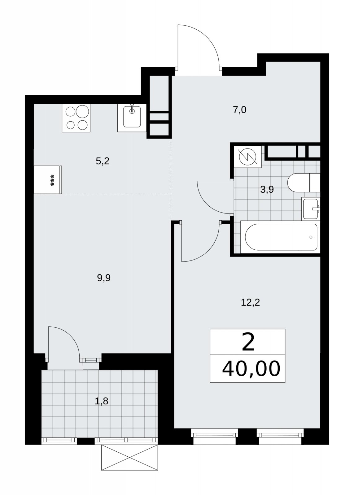 2-комнатная квартира (евро) с частичной отделкой, 40 м2, 16 этаж, сдача 4 квартал 2025 г., ЖК Бунинские кварталы, корпус 3.5 - объявление 2152250 - фото №1