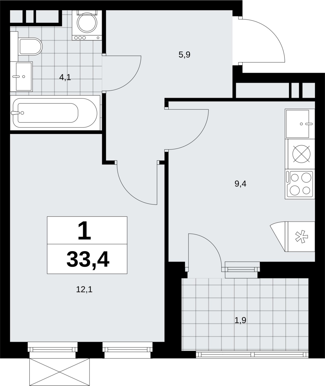 1-комнатная квартира без отделки, 33.4 м2, 10 этаж, сдача 4 квартал 2026 г., ЖК Скандинавия, корпус 2.18.1.4 - объявление 2351007 - фото №1