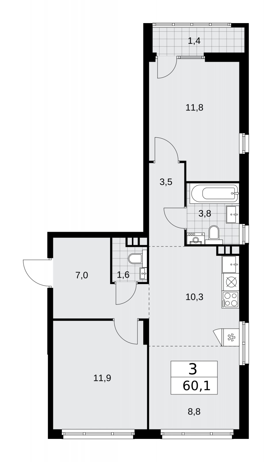 3-комнатная квартира (евро) с полной отделкой, 60.1 м2, 3 этаж, сдача 2 квартал 2026 г., ЖК Деснаречье, корпус 4.8 - объявление 2265268 - фото №1