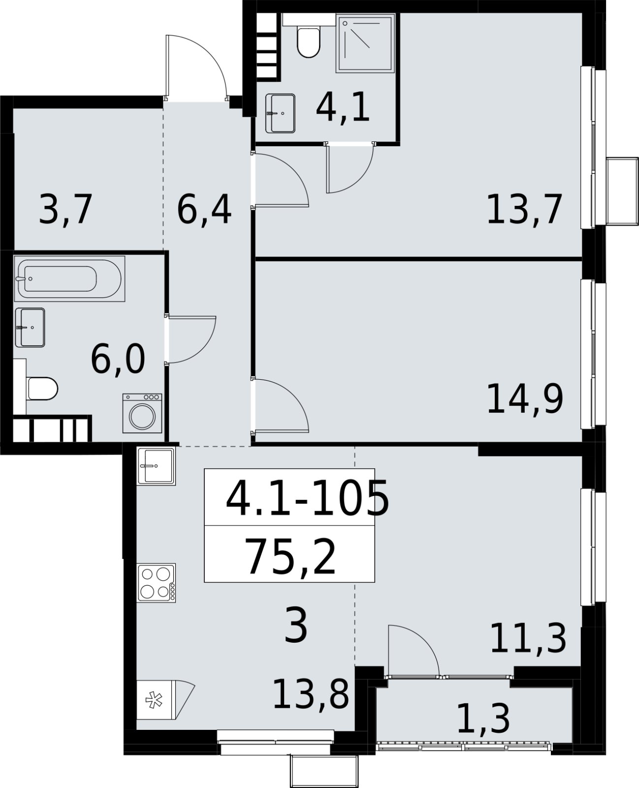 3-комнатная квартира (евро) с полной отделкой, 75.2 м2, 19 этаж, сдача 2 квартал 2027 г., ЖК Южные сады, корпус 4.1.1 - объявление 2392646 - фото №1