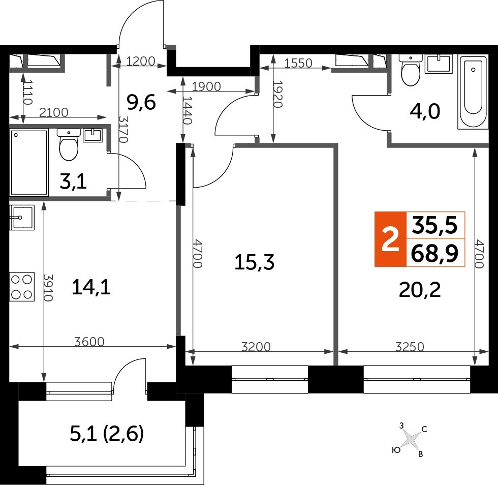 2-комнатная квартира с частичной отделкой, 68.9 м2, 8 этаж, сдача 3 квартал 2024 г., ЖК Sydney City, корпус 2.1 - объявление 2299337 - фото №1