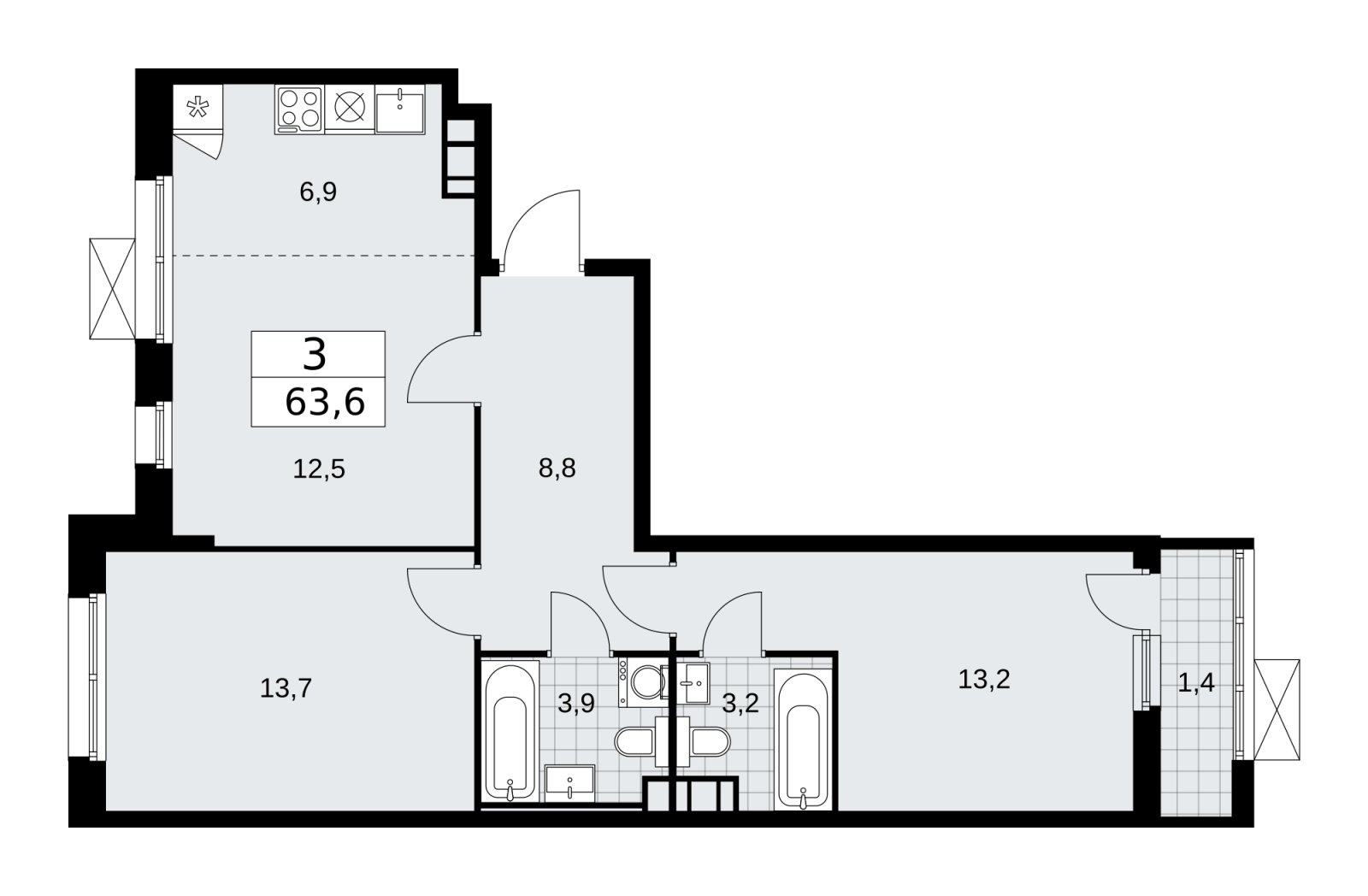 3-комнатная квартира (евро) без отделки, 63.6 м2, 6 этаж, сдача 2 квартал 2026 г., ЖК Скандинавия, корпус 25.4 - объявление 2284114 - фото №1