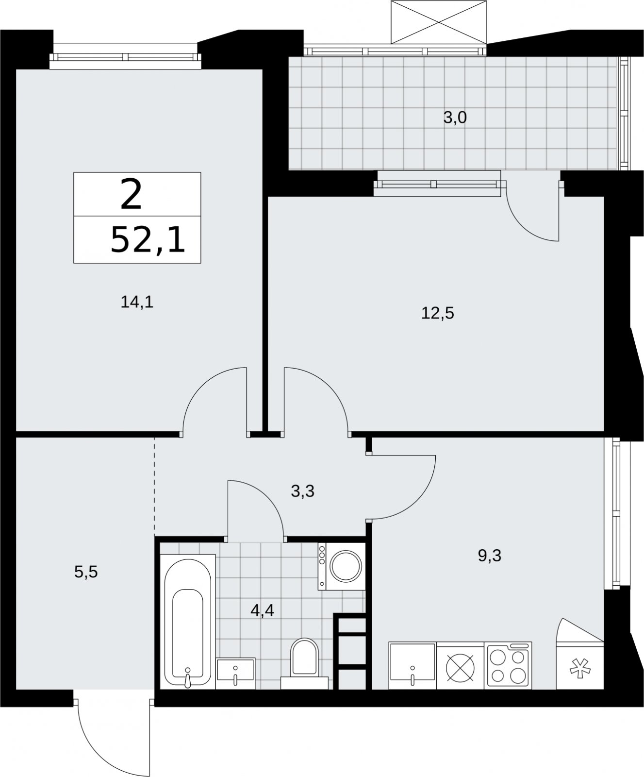 2-комнатная квартира без отделки, 52.1 м2, 14 этаж, сдача 2 квартал 2026 г., ЖК Бунинские кварталы, корпус 5.2 - объявление 2297415 - фото №1
