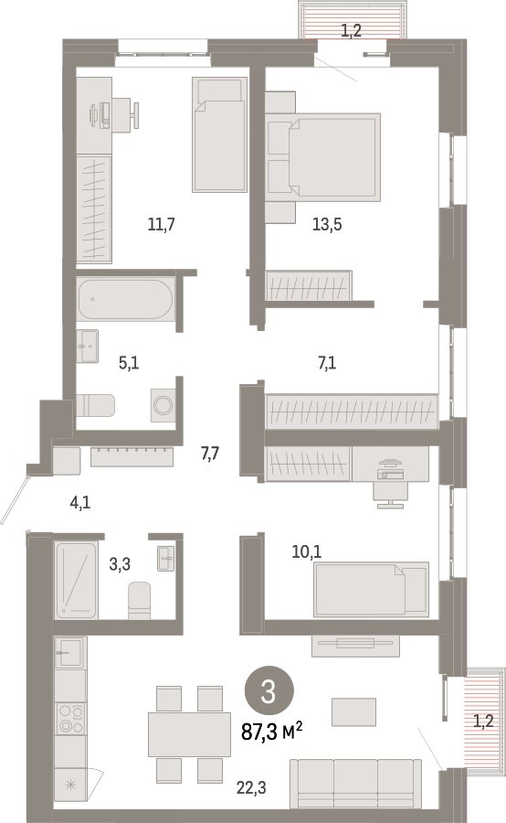 3-комнатная квартира 87.3 м2, 6 этаж, сдача 3 квартал 2026 г., ЖК Квартал Метроном, корпус 1 - объявление 2330777 - фото №1