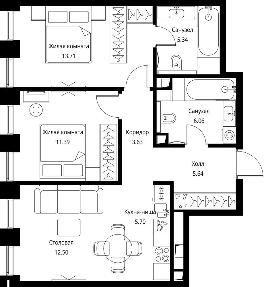 2-комнатная квартира с частичной отделкой, 63.95 м2, 19 этаж, сдача 3 квартал 2026 г., ЖК City Bay, корпус North Ocean 2 - объявление 2332365 - фото №1