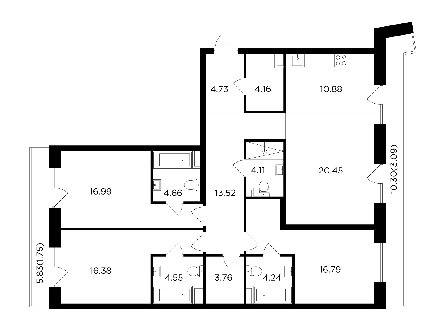 4-комнатная квартира с частичной отделкой, 130.06 м2, 13 этаж, дом сдан, ЖК FORIVER, корпус 8 - объявление 2371305 - фото №1