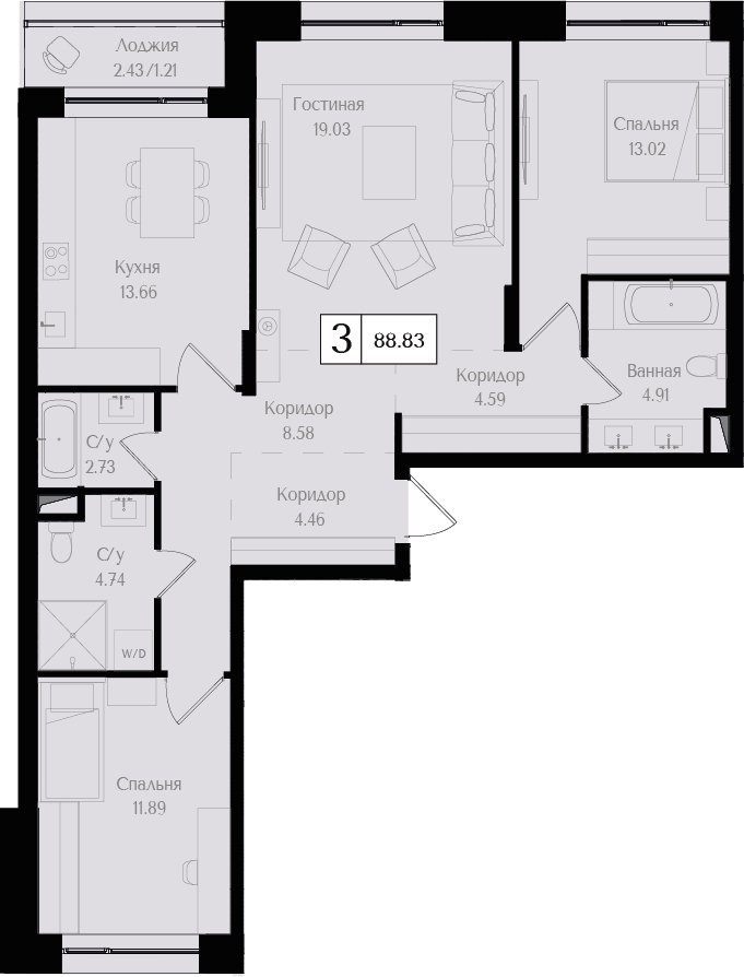 3-комнатная квартира без отделки, 88.83 м2, 2 этаж, сдача 3 квартал 2025 г., ЖК Преображенская площадь, корпус 3 - объявление 2296091 - фото №1