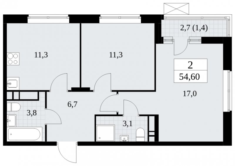 2-комнатная квартира без отделки, 54.6 м2, 12 этаж, сдача 1 квартал 2025 г., ЖК Прокшино, корпус 5.2.4 - объявление 1900775 - фото №1