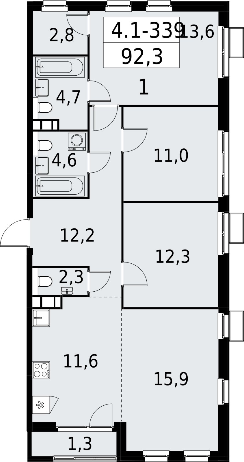 4-комнатная квартира (евро) с полной отделкой, 92.3 м2, 16 этаж, сдача 2 квартал 2027 г., ЖК Южные сады, корпус 4.1.2 - объявление 2392847 - фото №1