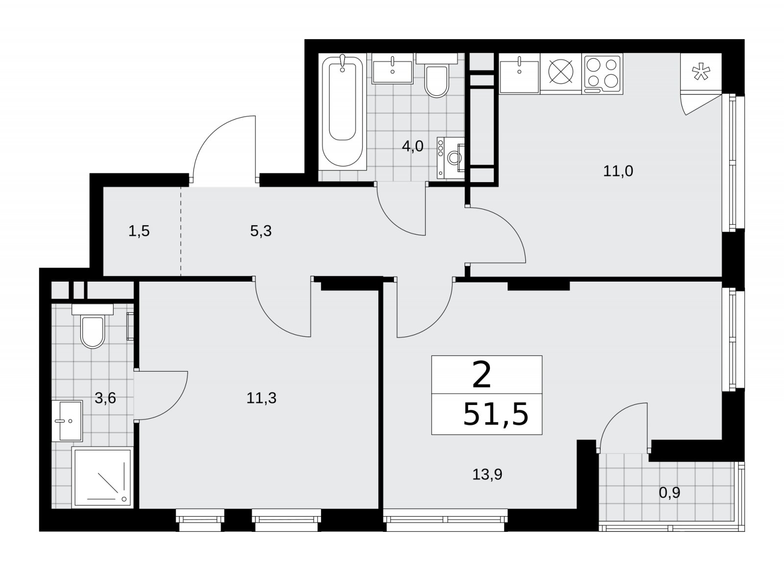 2-комнатная квартира с частичной отделкой, 51.5 м2, 13 этаж, сдача 2 квартал 2026 г., ЖК Деснаречье, корпус 4.5 - объявление 2264579 - фото №1