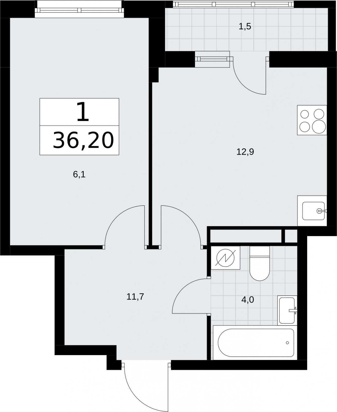1-комнатная квартира с полной отделкой, 36.2 м2, 6 этаж, сдача 4 квартал 2026 г., ЖК Родные кварталы, корпус 1.2 - объявление 2318114 - фото №1