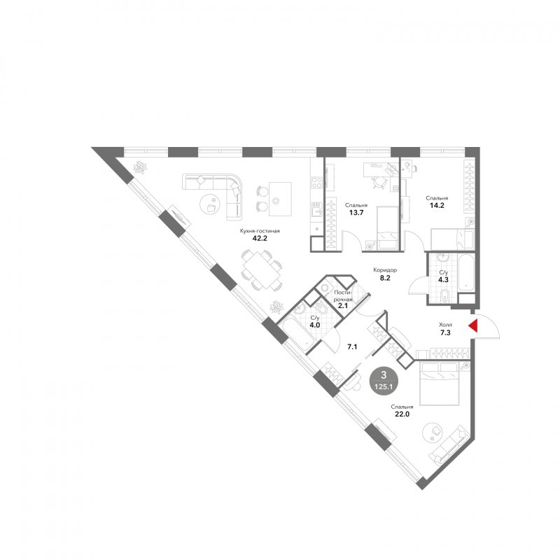 3-комнатная квартира без отделки, 125.1 м2, 4 этаж, сдача 3 квартал 2025 г., ЖК VOXHALL, корпус 2 - объявление 1787562 - фото №1
