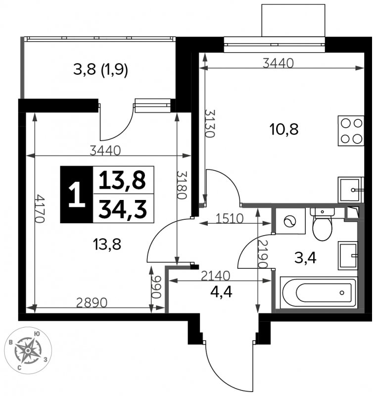1-комнатная квартира с частичной отделкой, 34.3 м2, 15 этаж, сдача 3 квартал 2023 г., ЖК Южная Битца, корпус 12 - объявление 1713706 - фото №1