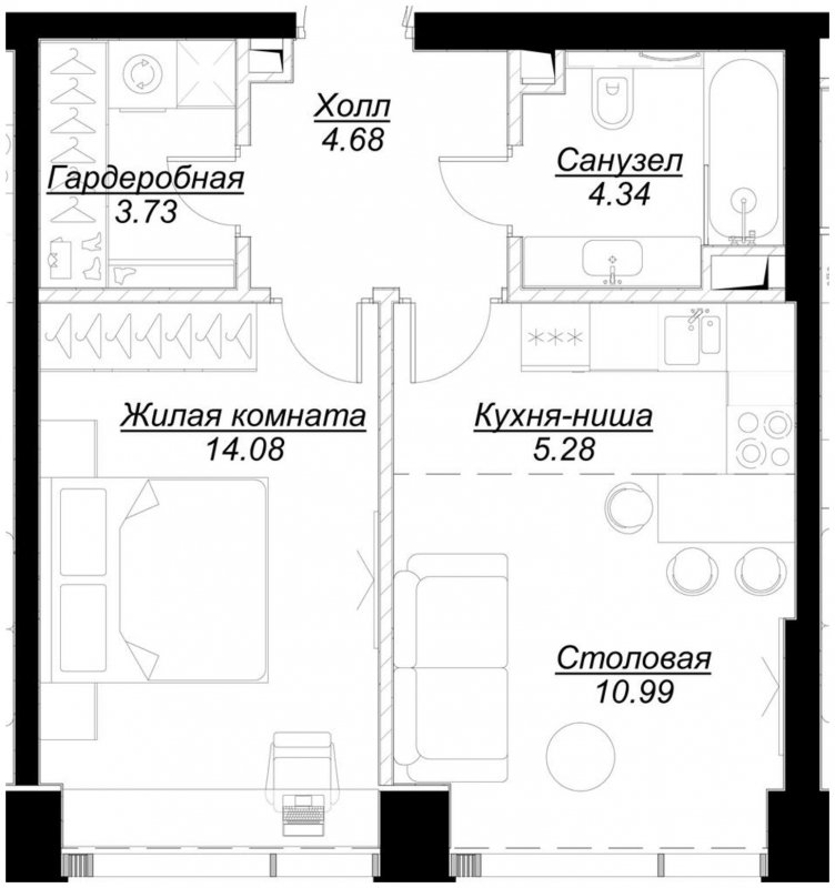 1-комнатная квартира с частичной отделкой, 43.05 м2, 13 этаж, сдача 4 квартал 2024 г., ЖК MOD, корпус Mod.D - объявление 1788199 - фото №1