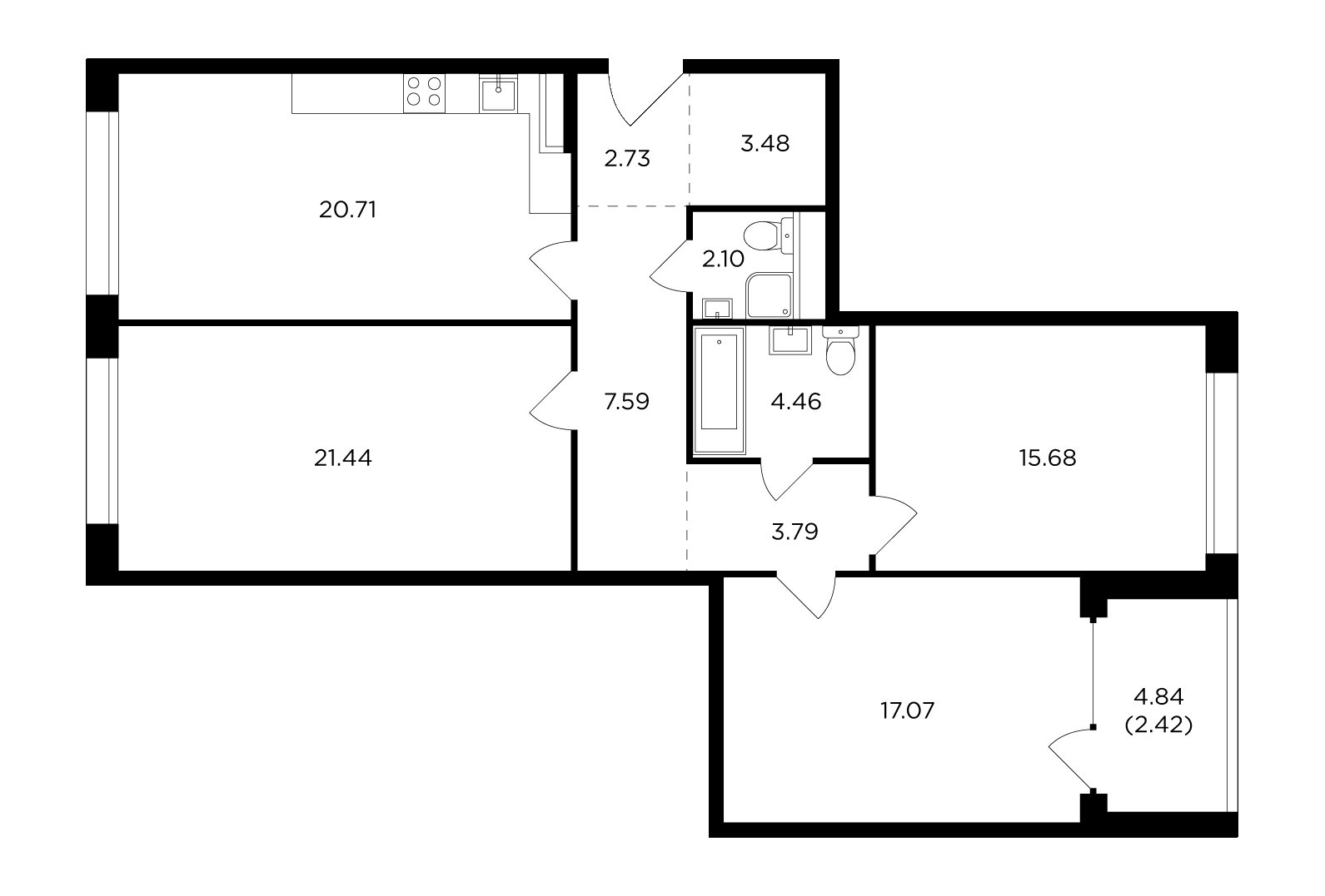 3-комнатная квартира без отделки, 101.47 м2, 5 этаж, дом сдан, ЖК RiverSky, корпус 4 - объявление 2355102 - фото №1