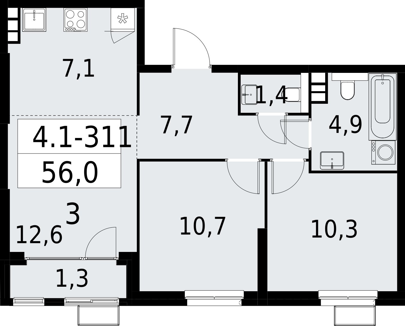 3-комнатная квартира (евро) с полной отделкой, 56 м2, 10 этаж, сдача 2 квартал 2027 г., ЖК Южные сады, корпус 4.1.2 - объявление 2392819 - фото №1