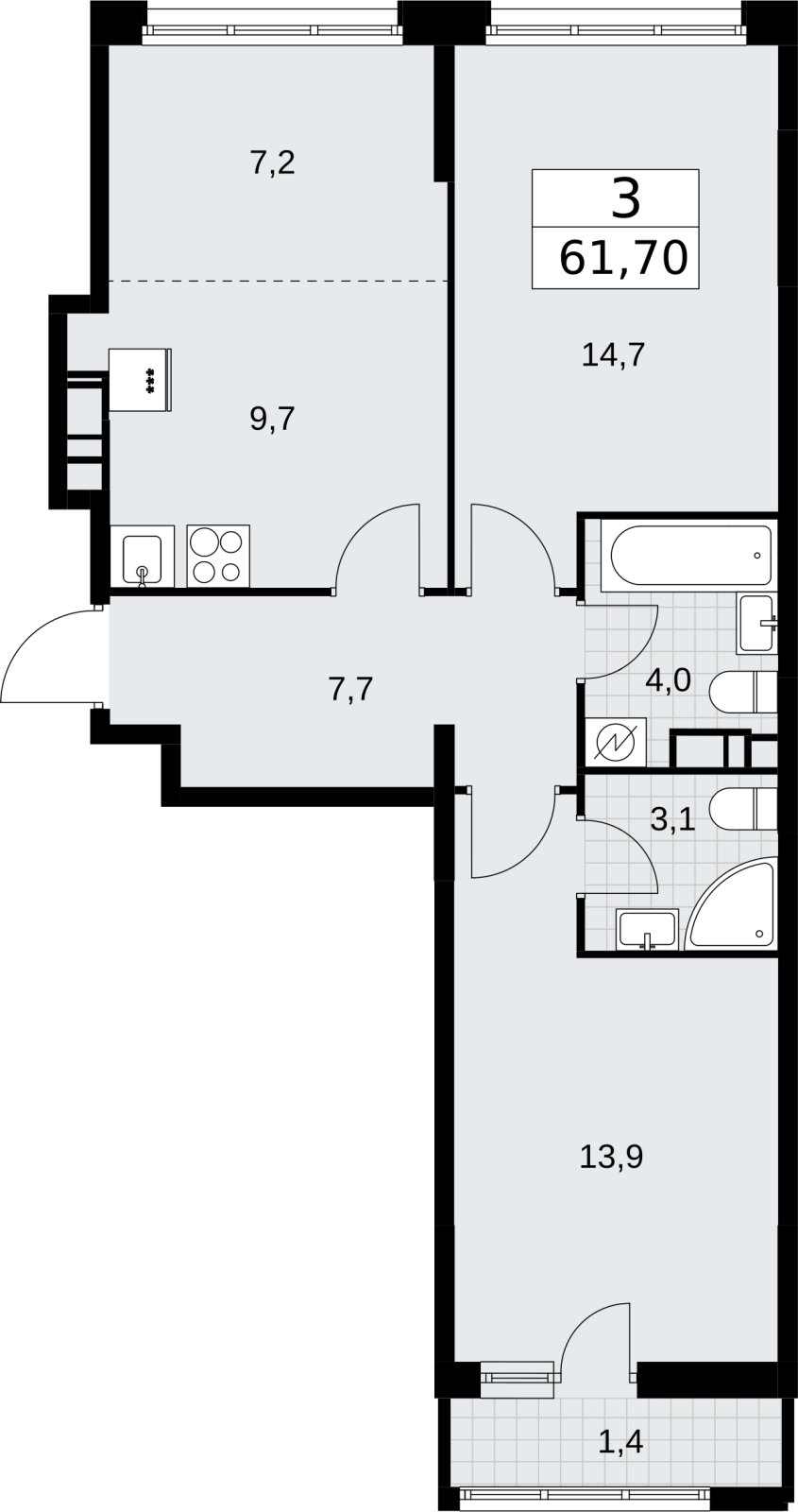 3-комнатная квартира (евро) с полной отделкой, 61.7 м2, 9 этаж, сдача 4 квартал 2026 г., ЖК Родные кварталы, корпус 3.3 - объявление 2378485 - фото №1