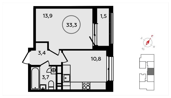 1-комнатная квартира с частичной отделкой, 33.3 м2, 10 этаж, сдача 3 квартал 2024 г., ЖК Скандинавия, корпус 2.22.3 - объявление 1625602 - фото №1