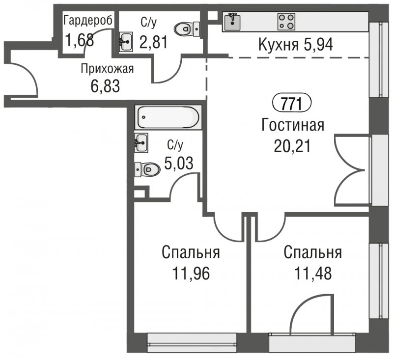 3-комнатная квартира (евро) без отделки, 65.94 м2, 15 этаж, сдача 3 квартал 2023 г., ЖК AFI Park Воронцовский, корпус 1 - объявление 1637202 - фото №1