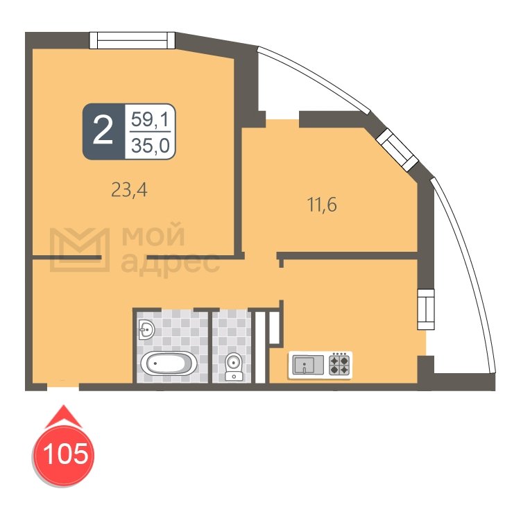 2-комнатная квартира с полной отделкой, 59.1 м2, 16 этаж, дом сдан, ЖК мой адрес В Зеленограде, корпус 848 - объявление 1850396 - фото №1