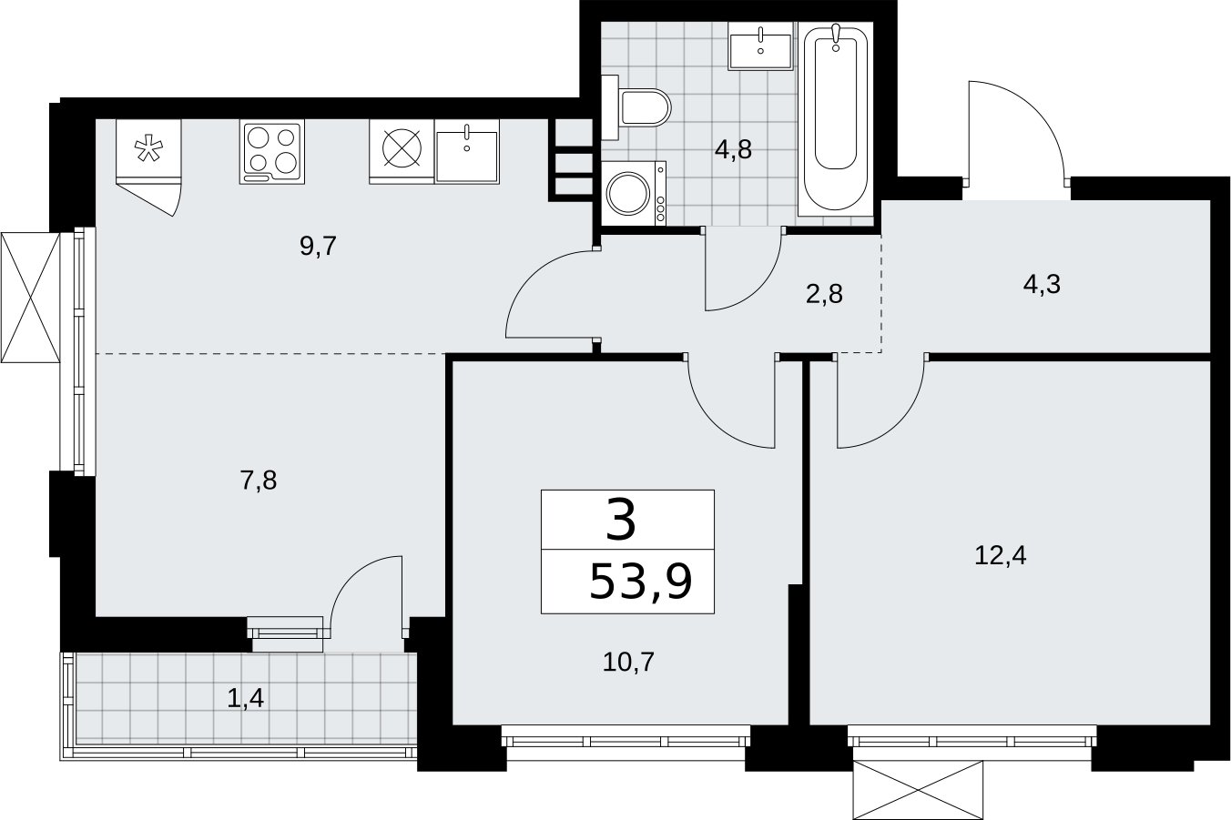 3-комнатная квартира (евро) с частичной отделкой, 53.9 м2, 6 этаж, сдача 2 квартал 2026 г., ЖК Бунинские кварталы, корпус 5.1 - объявление 2296843 - фото №1