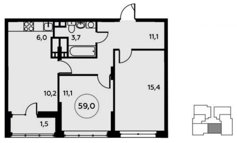 3-комнатная квартира (евро) без отделки, 59.5 м2, 13 этаж, дом сдан, ЖК Скандинавия, корпус 17.4 - объявление 1877435 - фото №1