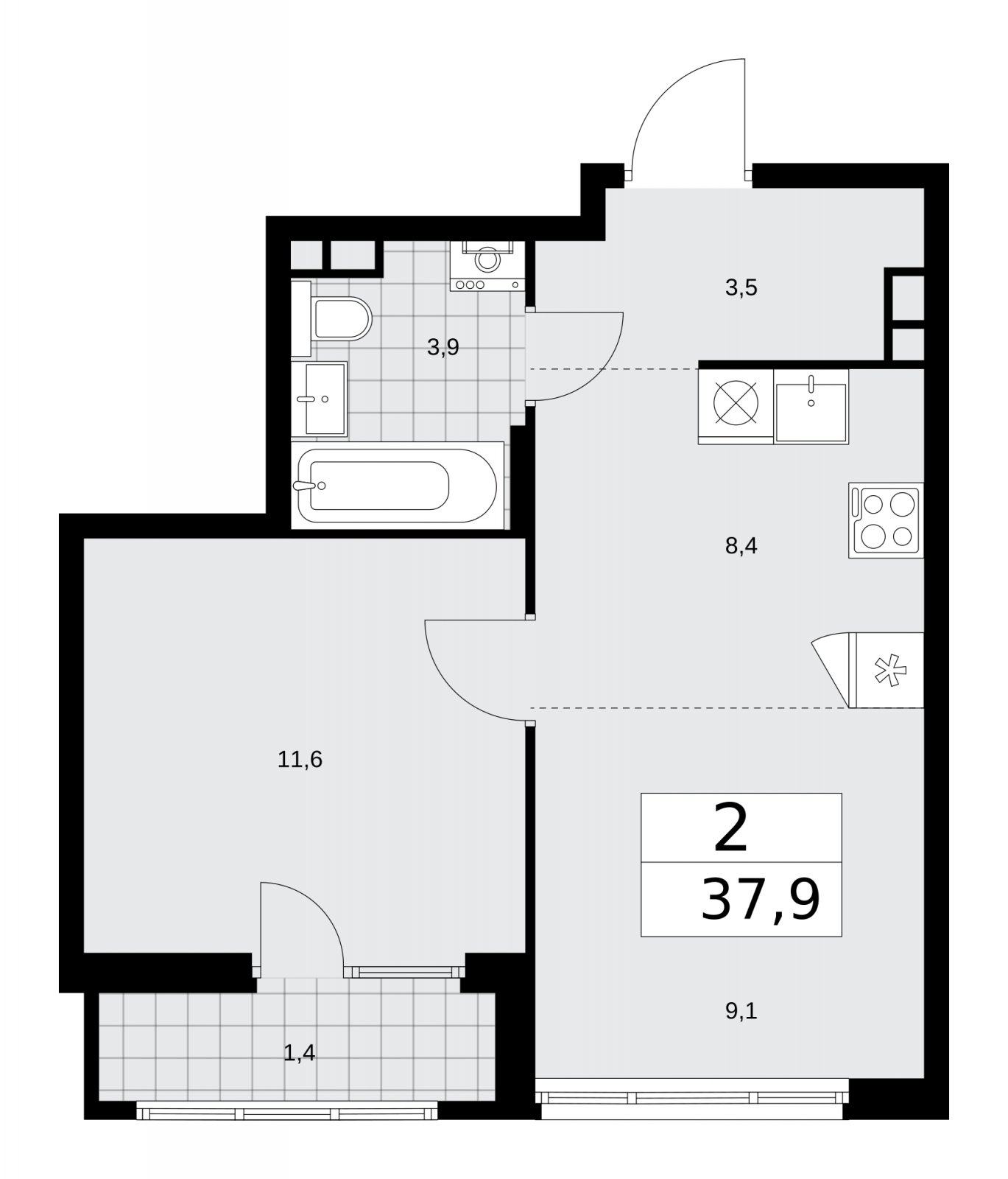 2-комнатная квартира (евро) с частичной отделкой, 37.9 м2, 15 этаж, сдача 2 квартал 2026 г., ЖК Деснаречье, корпус 4.4 - объявление 2264328 - фото №1