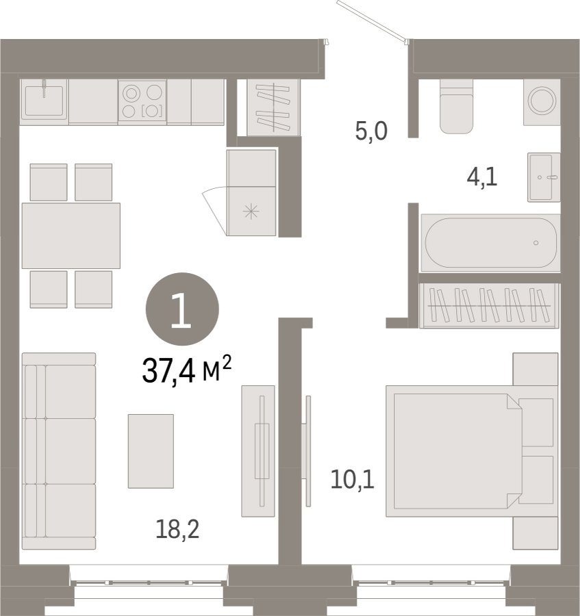 1-комнатная квартира с частичной отделкой, 37.4 м2, 2 этаж, сдача 3 квартал 2026 г., ЖК Квартал Метроном, корпус 1 - объявление 2331028 - фото №1