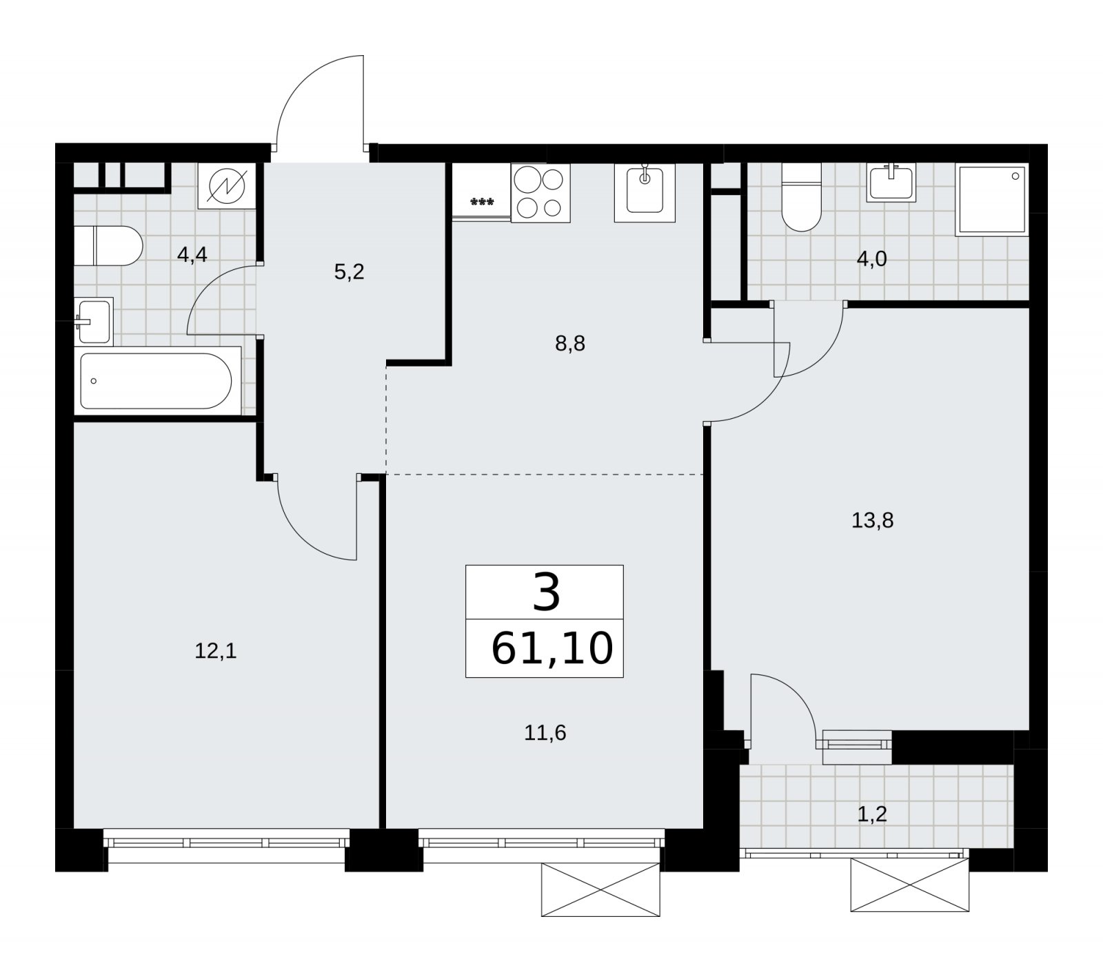 3-комнатная квартира (евро) с частичной отделкой, 61.1 м2, 9 этаж, сдача 4 квартал 2025 г., ЖК Скандинавия, корпус 28.4 - объявление 2202693 - фото №1