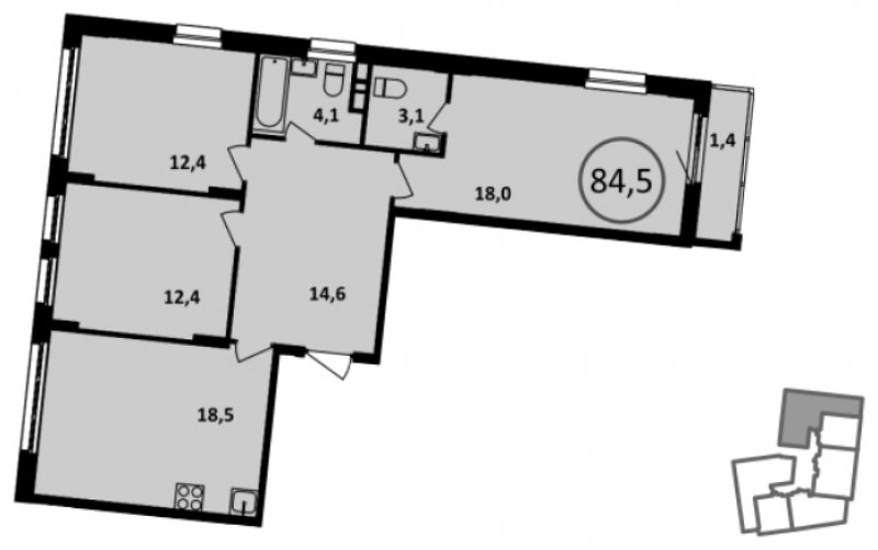 3-комнатная квартира без отделки, 84.3 м2, 12 этаж, сдача 4 квартал 2022 г., ЖК Испанские кварталы, корпус 5.1 - объявление 1812913 - фото №1